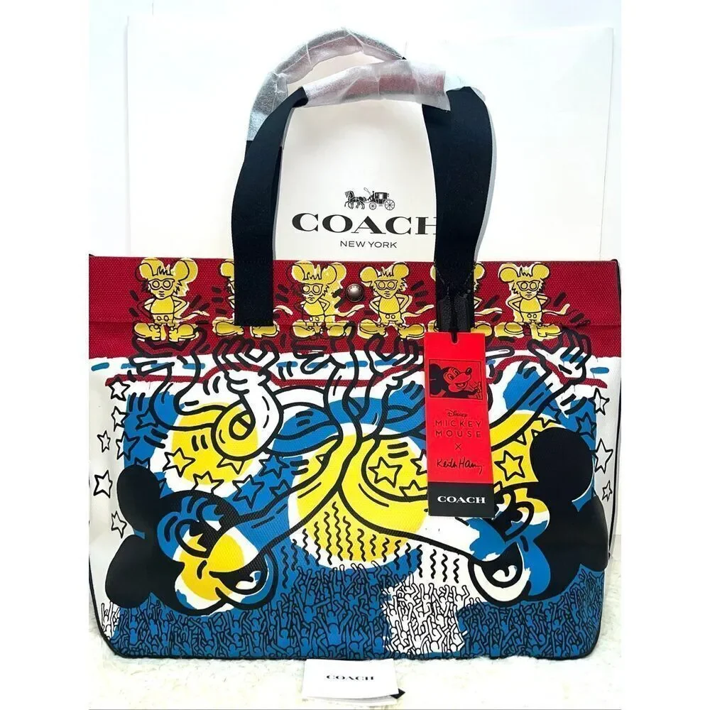 🔥🎁Nwt! Coach Disney Mickey Mouse Keith Haring Canvas Tote 38 Msrp:$350.00